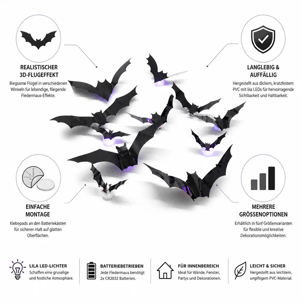 Bat Wall Light | 3D Flight Effect & Purple LED | 12–72 Pieces
