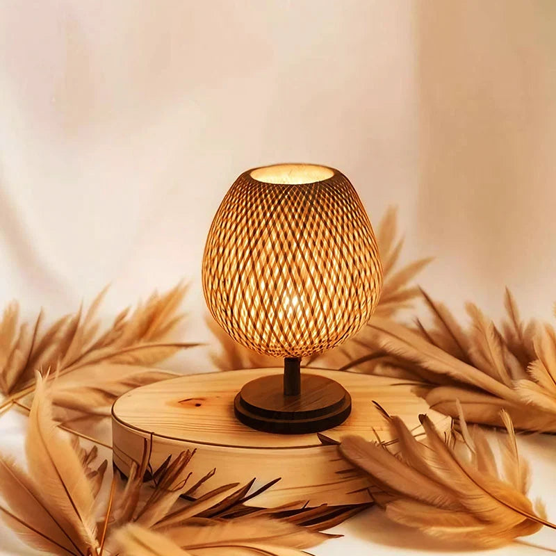 Bedside Lamp | Handwoven Rattan Shade & Solid Wood Base | 1.8 m Cord