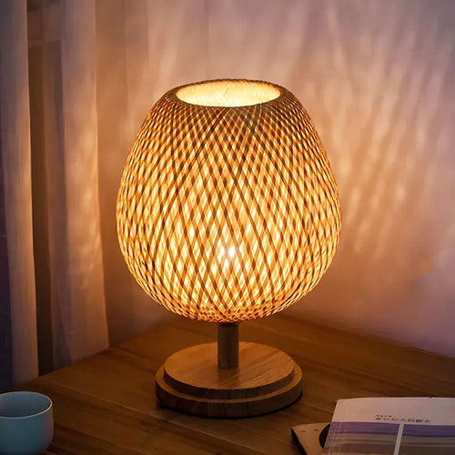 Bedside Lamp | Handwoven Rattan Shade & Solid Wood Base | 1.8 m Cord