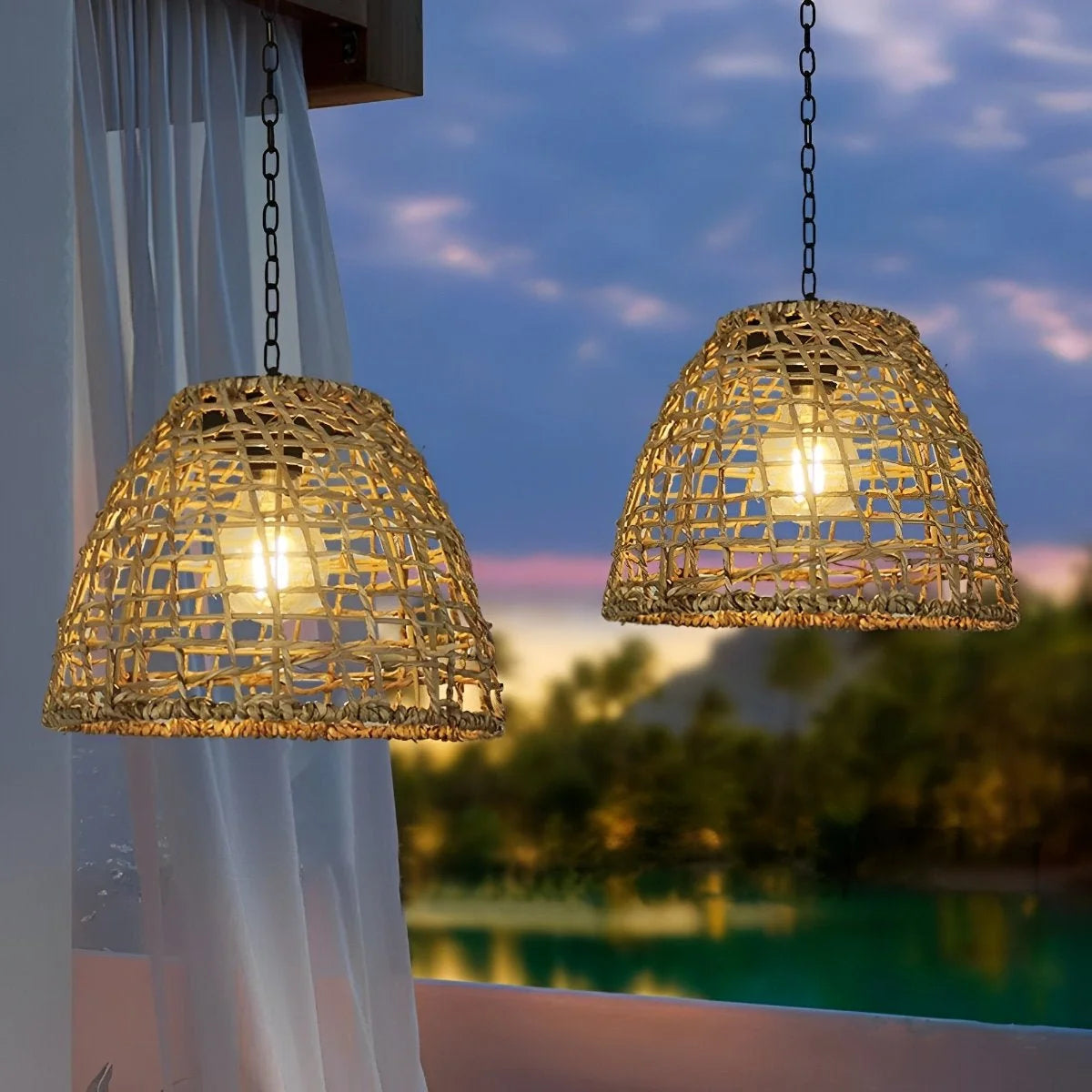 Bell Lantern | Handwoven Rattan & Solar-Powered | Includes Chain