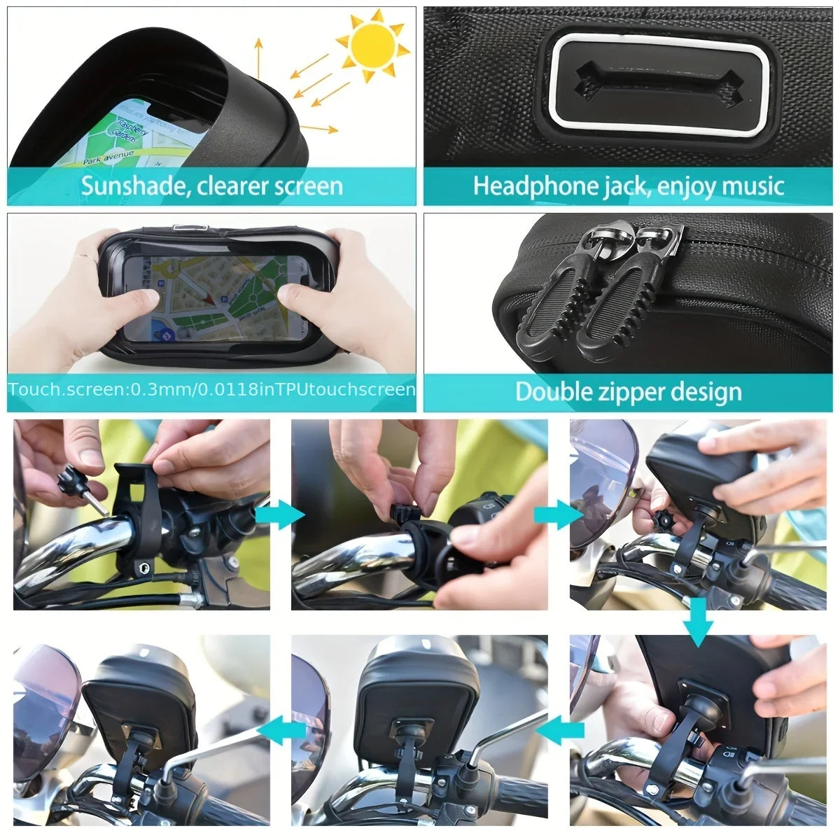 Bike & Motorcycle Phone Mount | Waterproof TPU & 360° Rotation | Fits 4.5-6.4 Inch
