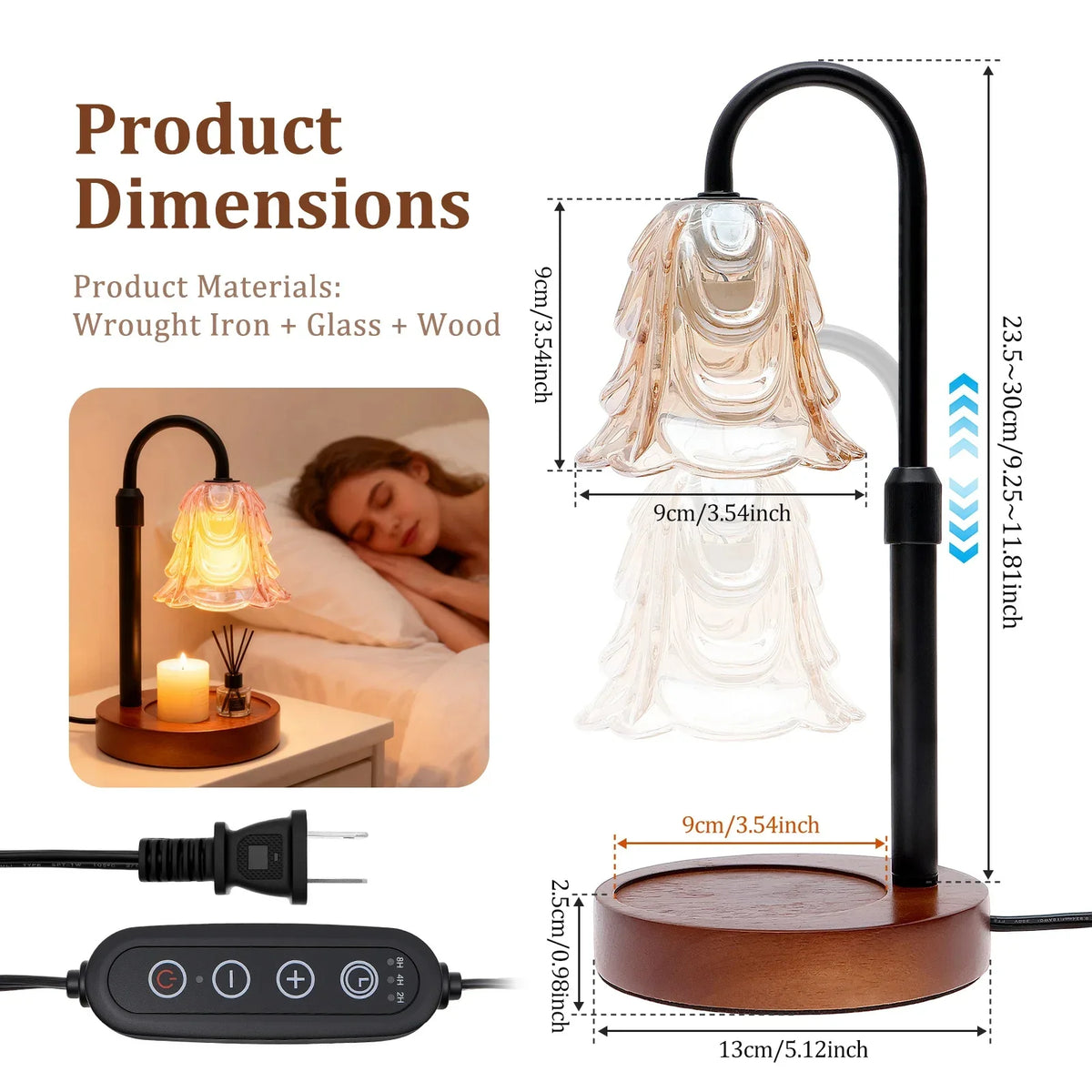 Candle Warmer Lamp | Flower Glass Shade & Adjustable Heating | 2/4/8-Hour Timer