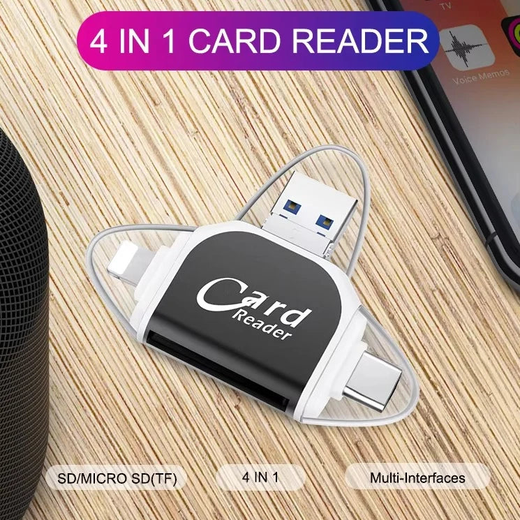 Card Reader | 4-in-1 USB/USB-C/Micro-USB & Lightning | Slim Keychain