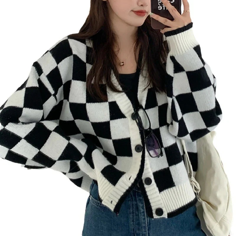 Cardigan | Chunky Knit & Check Pattern Button Front
