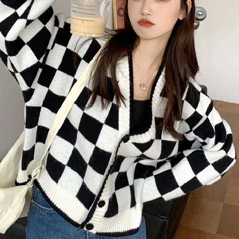 Cardigan | Chunky Knit & Check Pattern Button Front