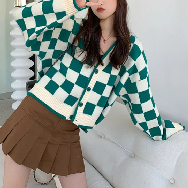 Cardigan | Chunky Knit & Check Pattern Button Front