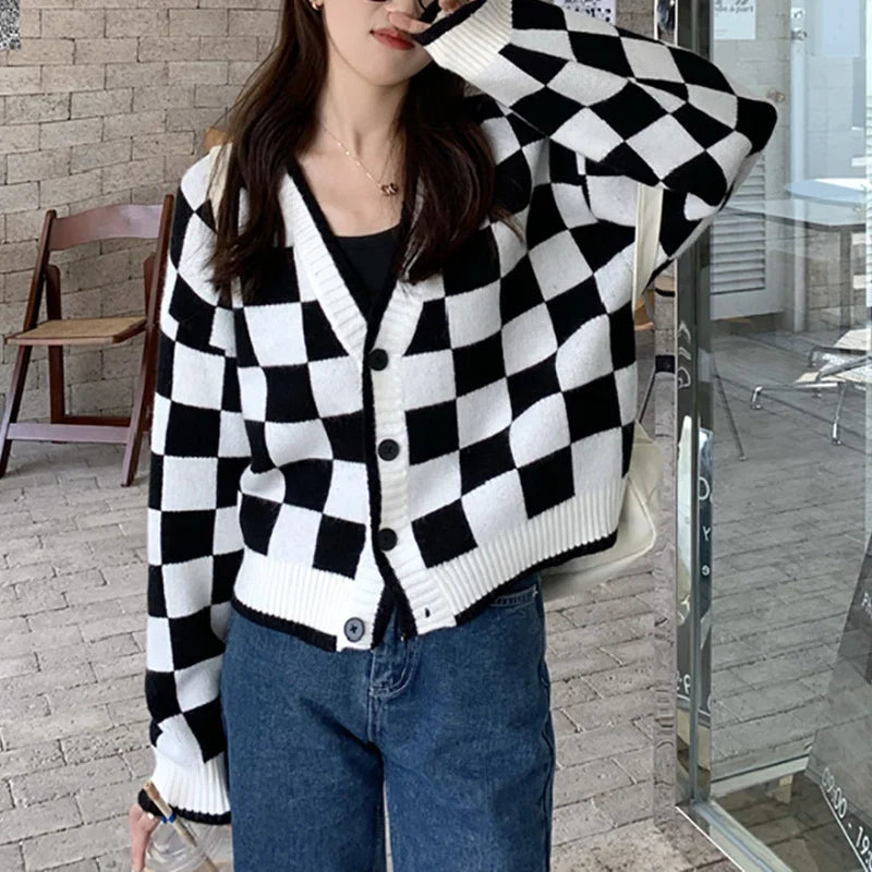 Cardigan | Chunky Knit & Check Pattern Button Front