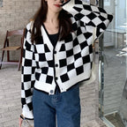 Cardigan | Chunky Knit & Check Pattern Button Front
