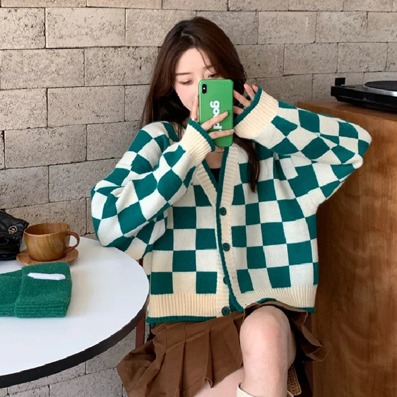 Cardigan | Chunky Knit & Check Pattern Button Front