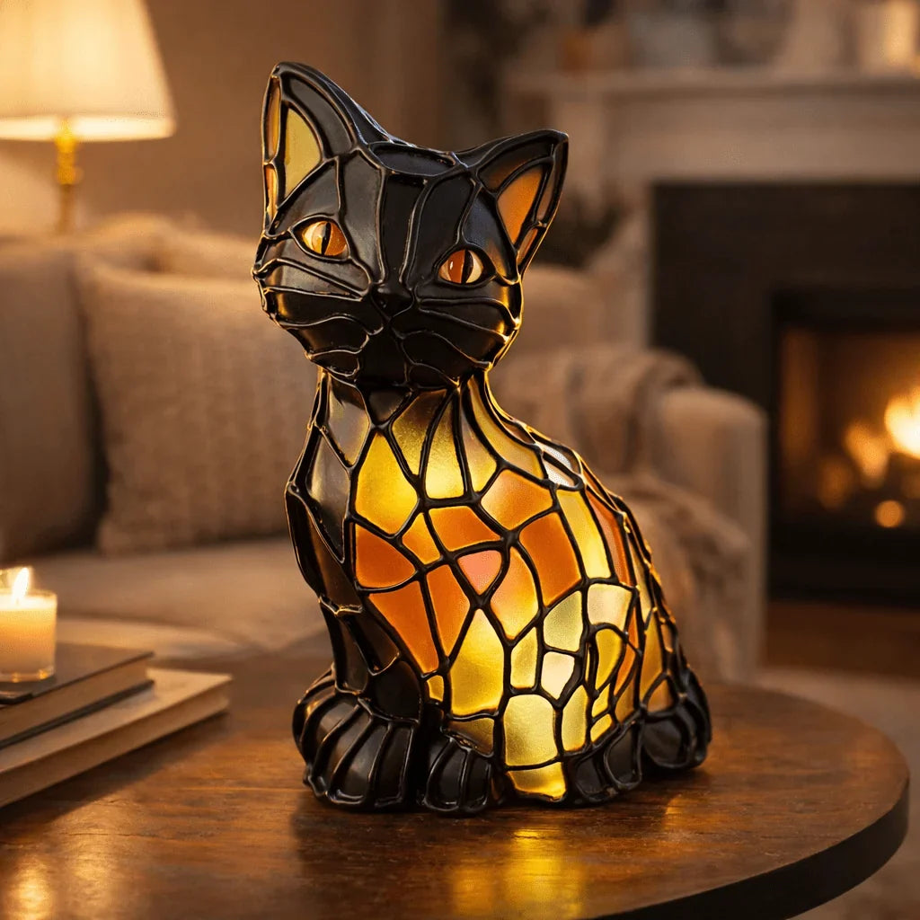 Cat Table Lamp | Tiffany-Style Colored Resin & USB-Powered