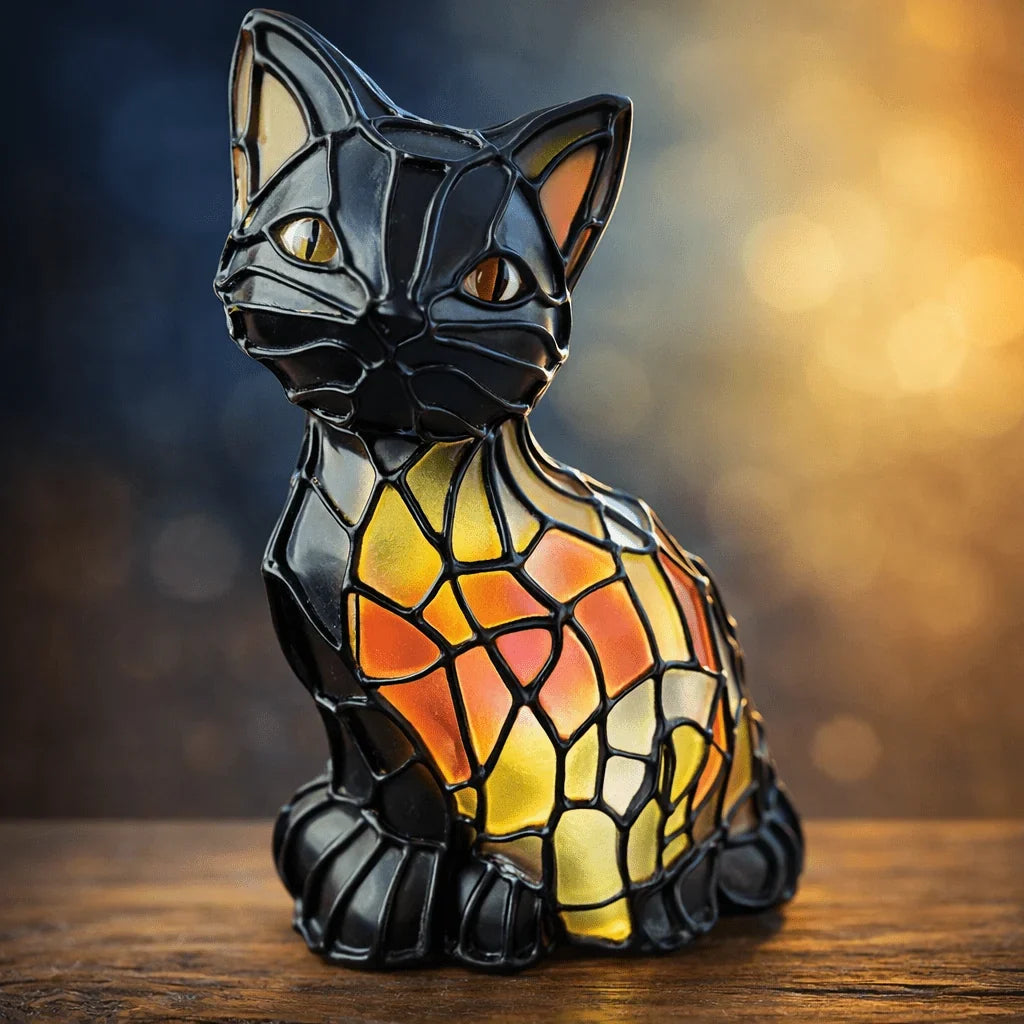 Cat Table Lamp | Tiffany-Style Colored Resin & USB-Powered