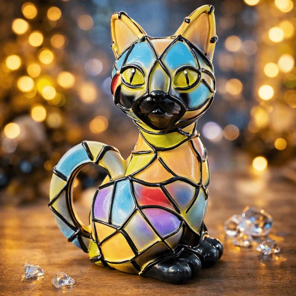 Cat Table Lamp | Tiffany-Style Colored Resin & USB-Powered