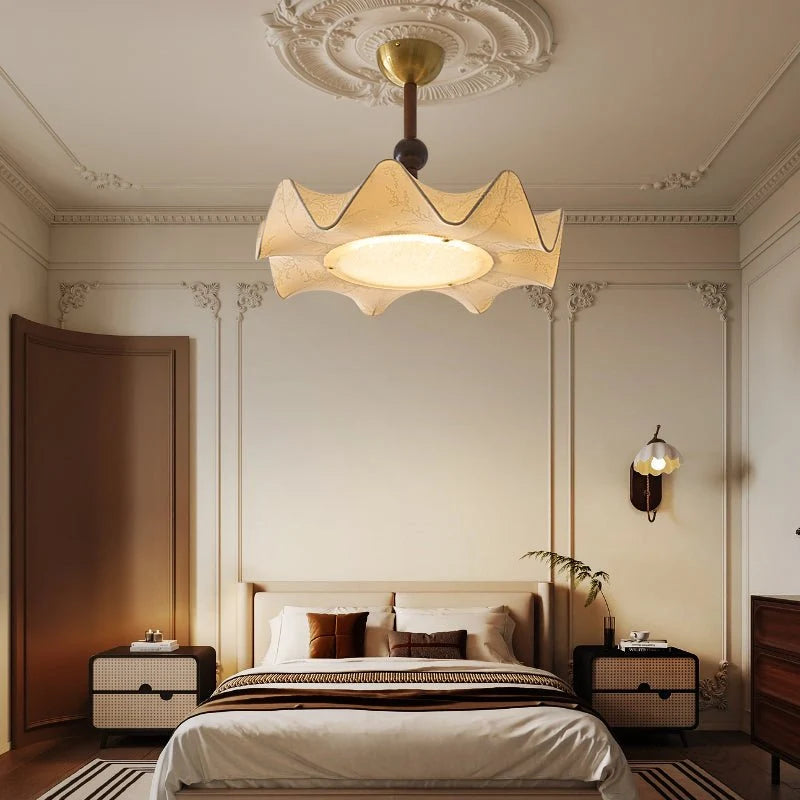 Ceiling Light | Floral Fabric Shade & Wood-Metal Frame | 50 cm Diameter