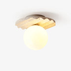 Ceiling Light | Hand-Carved Travertine & Opal Glass | 20 cm Diameter