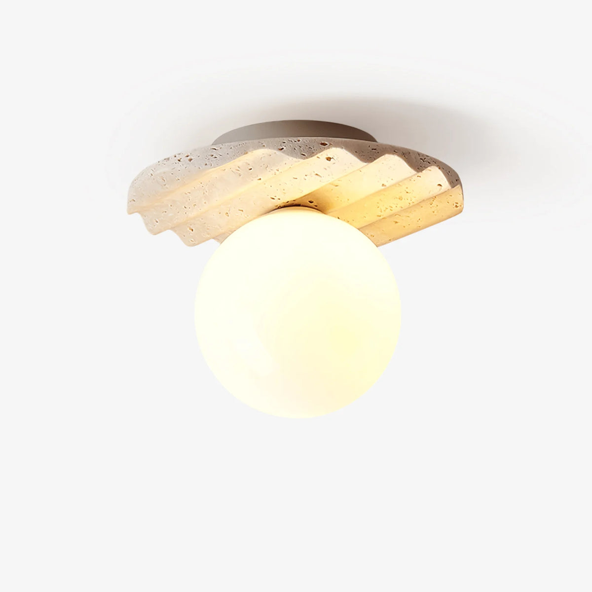 Ceiling Light | Hand-Carved Travertine & Opal Glass | 20 cm Diameter