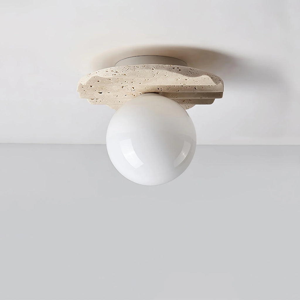 Ceiling Light | Hand-Carved Travertine & Opal Glass | 20 cm Diameter