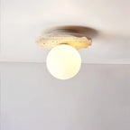 Ceiling Light | Hand-Carved Travertine & Opal Glass | 20 cm Diameter
