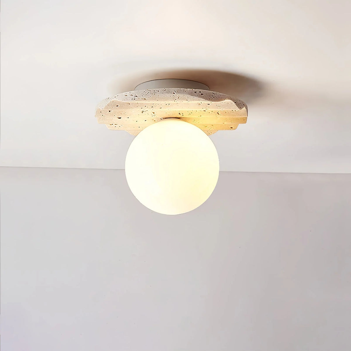 Ceiling Light | Hand-Carved Travertine & Opal Glass | 20 cm Diameter