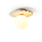 Ceiling Light | Hand-Carved Travertine & Opal Glass | 20 cm Diameter