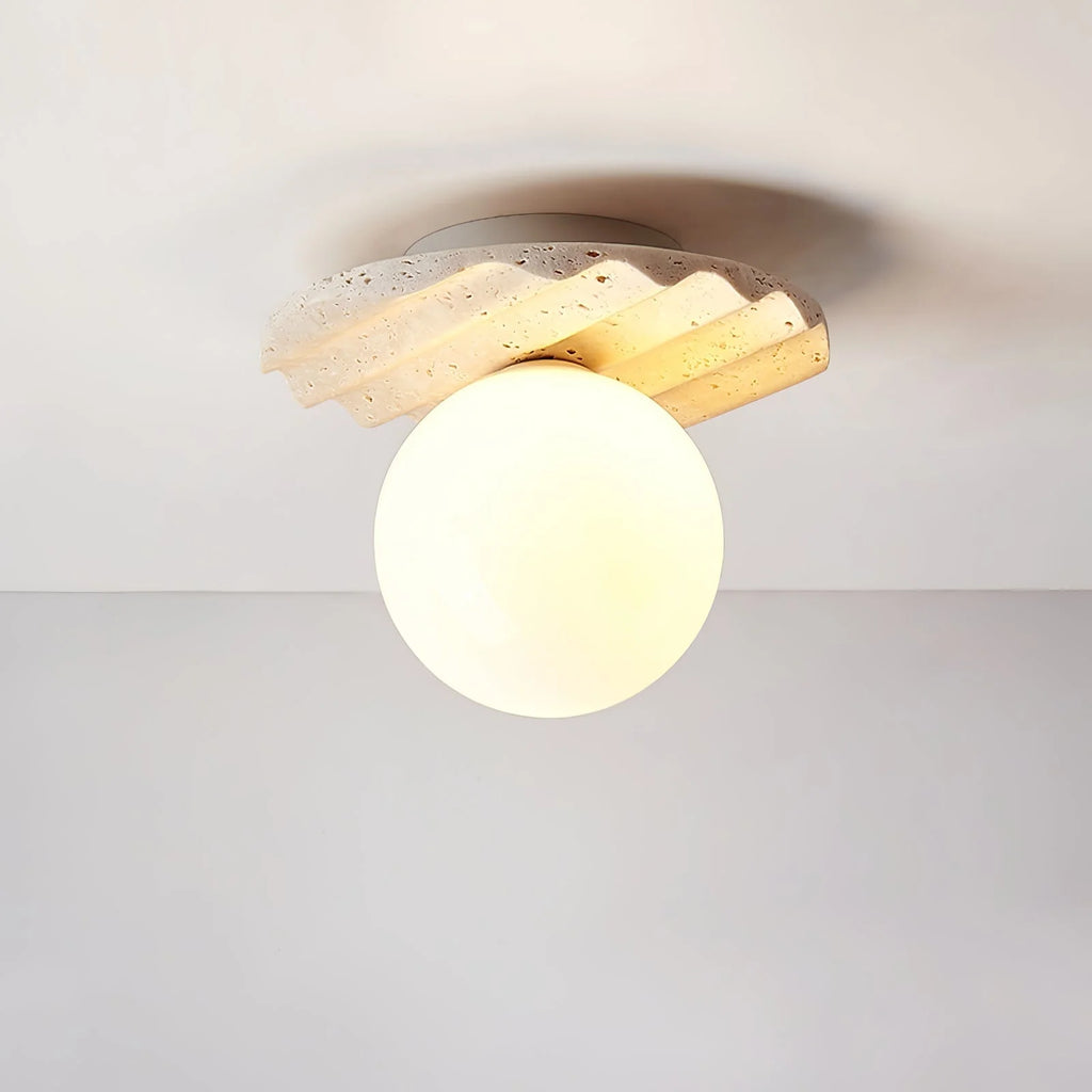 Ceiling Light | Hand-Carved Travertine & Opal Glass | 20 cm Diameter
