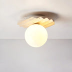 Ceiling Light | Hand-Carved Travertine & Opal Glass | 20 cm Diameter