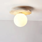 Ceiling Light | Hand-Carved Travertine & Opal Glass | 20 cm Diameter