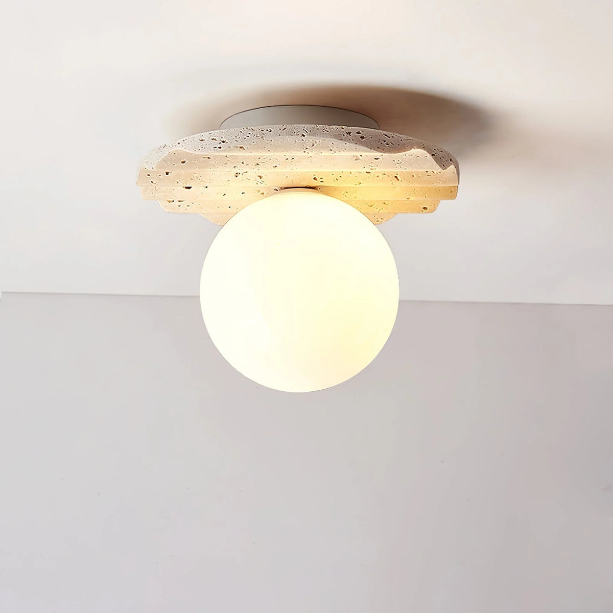 Ceiling Light | Hand-Carved Travertine & Opal Glass | 20 cm Diameter