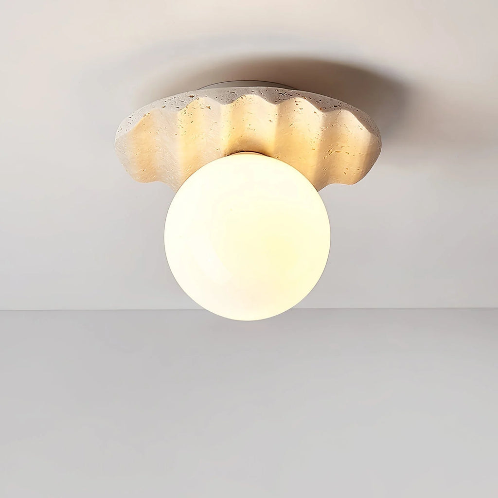 Ceiling Light | Hand-Carved Travertine & Opal Glass | 20 cm Diameter
