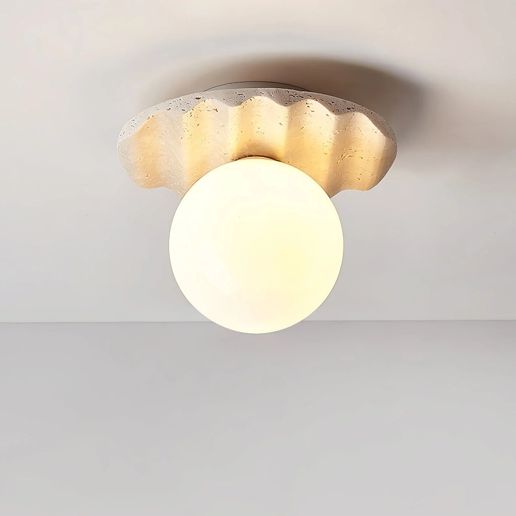 Ceiling Light | Hand-Carved Travertine & Opal Glass | 20 cm Diameter