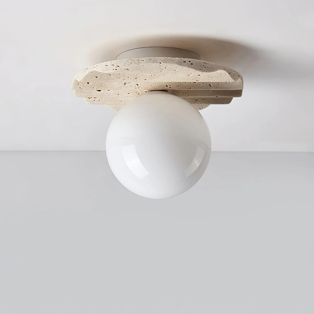 Ceiling Light | Hand-Carved Travertine & Opal Glass | 20 cm Diameter