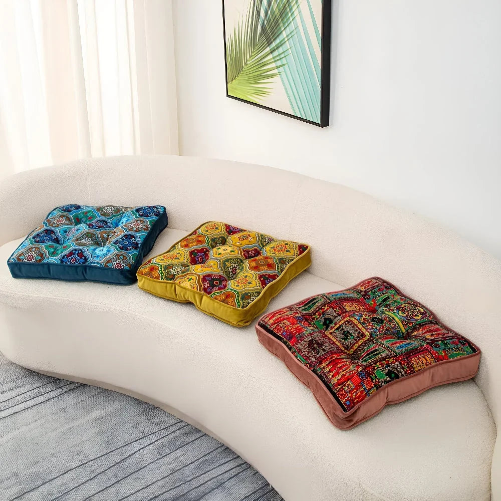 Chair Cushion | Microfiber Blend, Tie Straps & Boho Patchwork