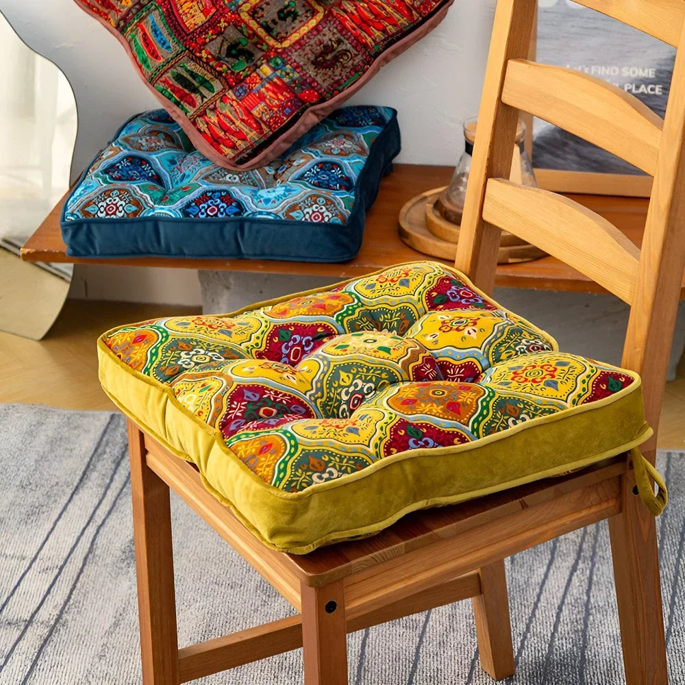 Chair Cushion | Microfiber Blend, Tie Straps & Boho Patchwork