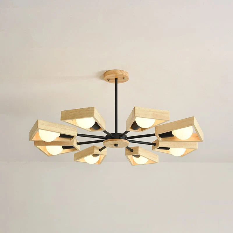 Chandelier Ceiling Light | Metal Frame & Solid Wood Shades | 3, 5, 6 or 8 Lights