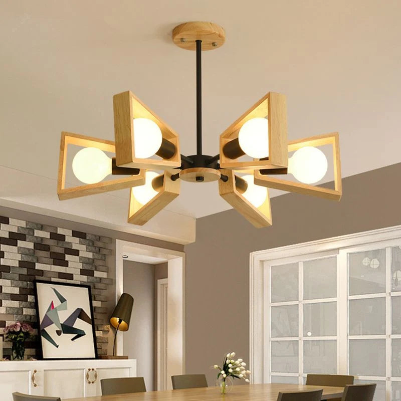 Chandelier Ceiling Light | Metal Frame & Solid Wood Shades | 3, 5, 6 or 8 Lights