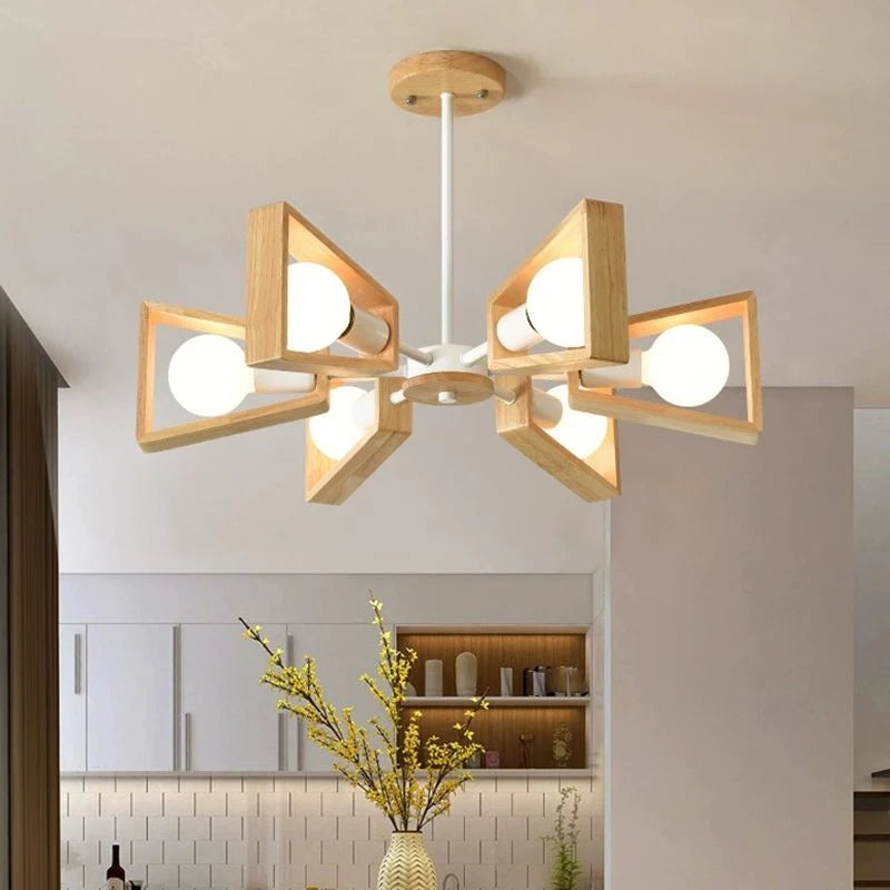 Chandelier Ceiling Light | Metal Frame & Solid Wood Shades | 3, 5, 6 or 8 Lights