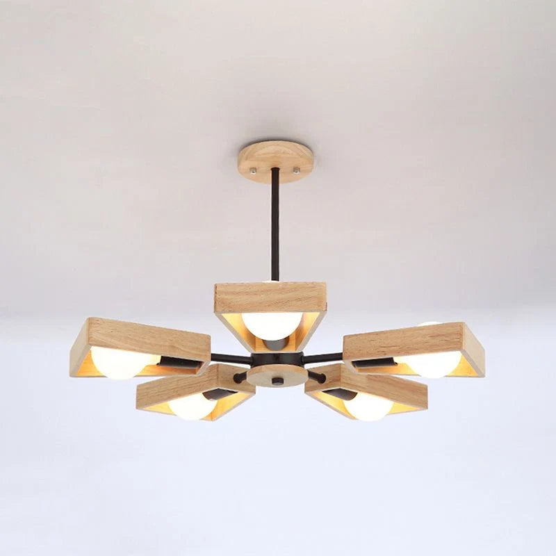 Chandelier Ceiling Light | Metal Frame & Solid Wood Shades | 3, 5, 6 or 8 Lights