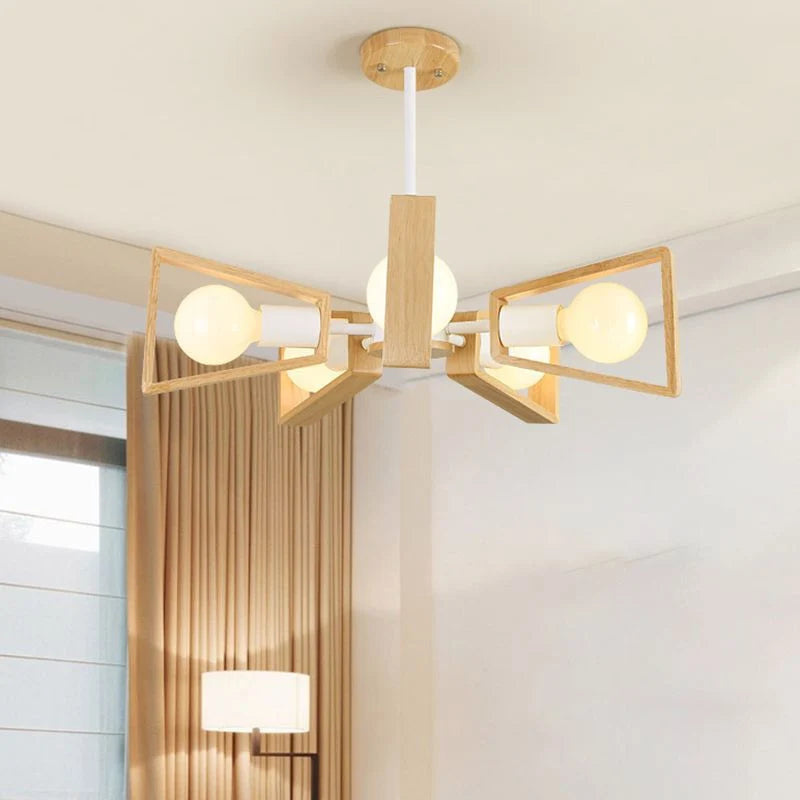 Chandelier Ceiling Light | Metal Frame & Solid Wood Shades | 3, 5, 6 or 8 Lights