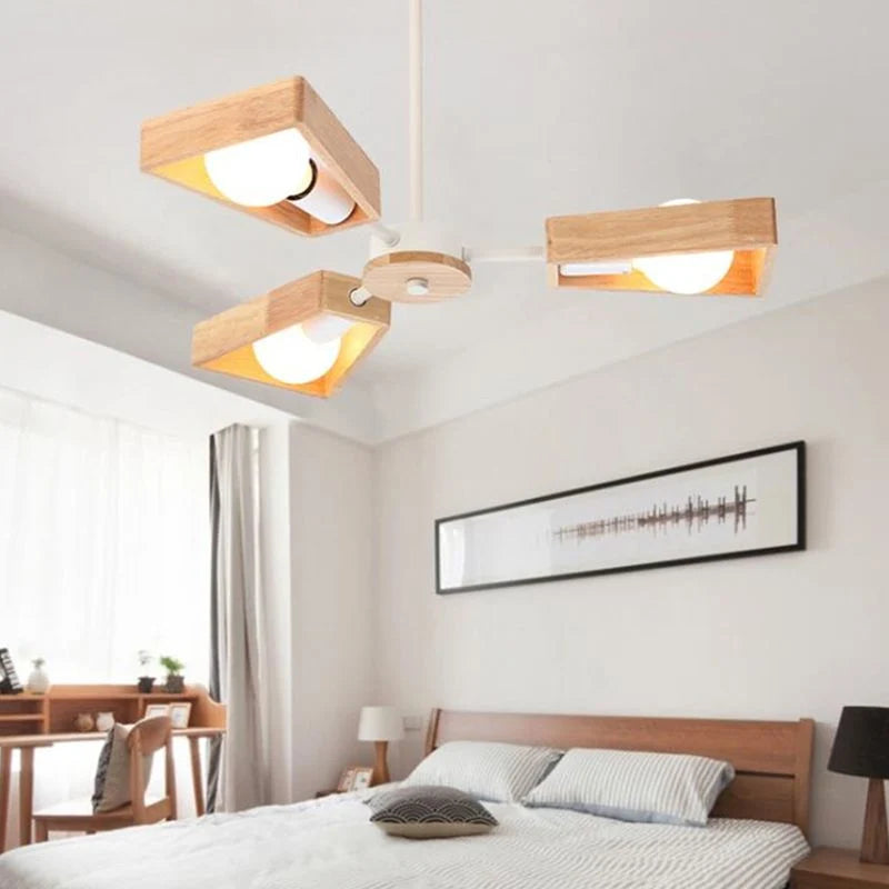 Chandelier Ceiling Light | Metal Frame & Solid Wood Shades | 3, 5, 6 or 8 Lights