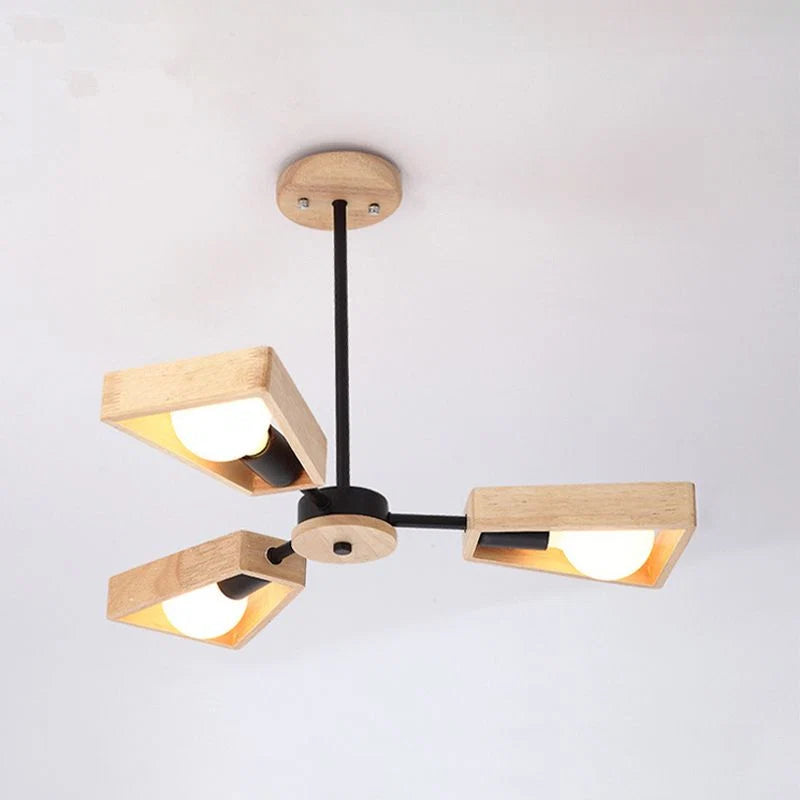 Chandelier Ceiling Light | Metal Frame & Solid Wood Shades | 3, 5, 6 or 8 Lights