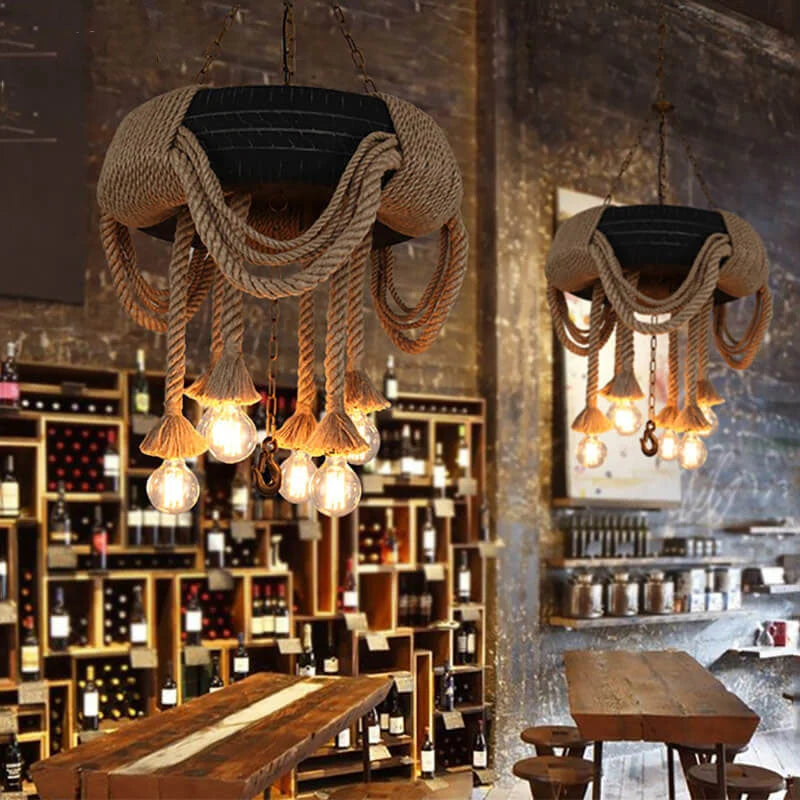 Chandelier | Vintage Industrial Hemp Rope & Metal | 6-Light