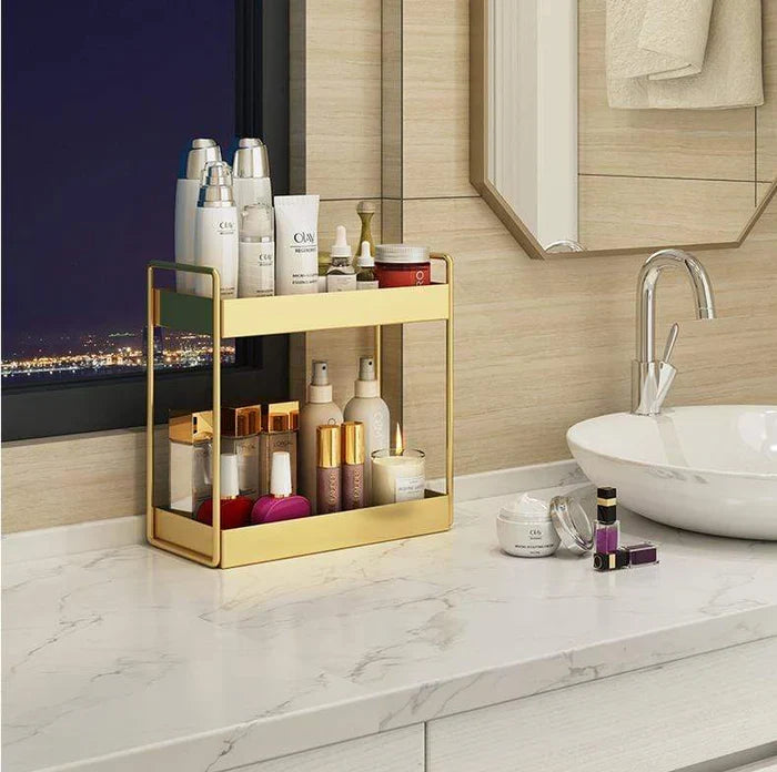 Cosmetic Organizer | Double-Layer & Gold Metal Finish