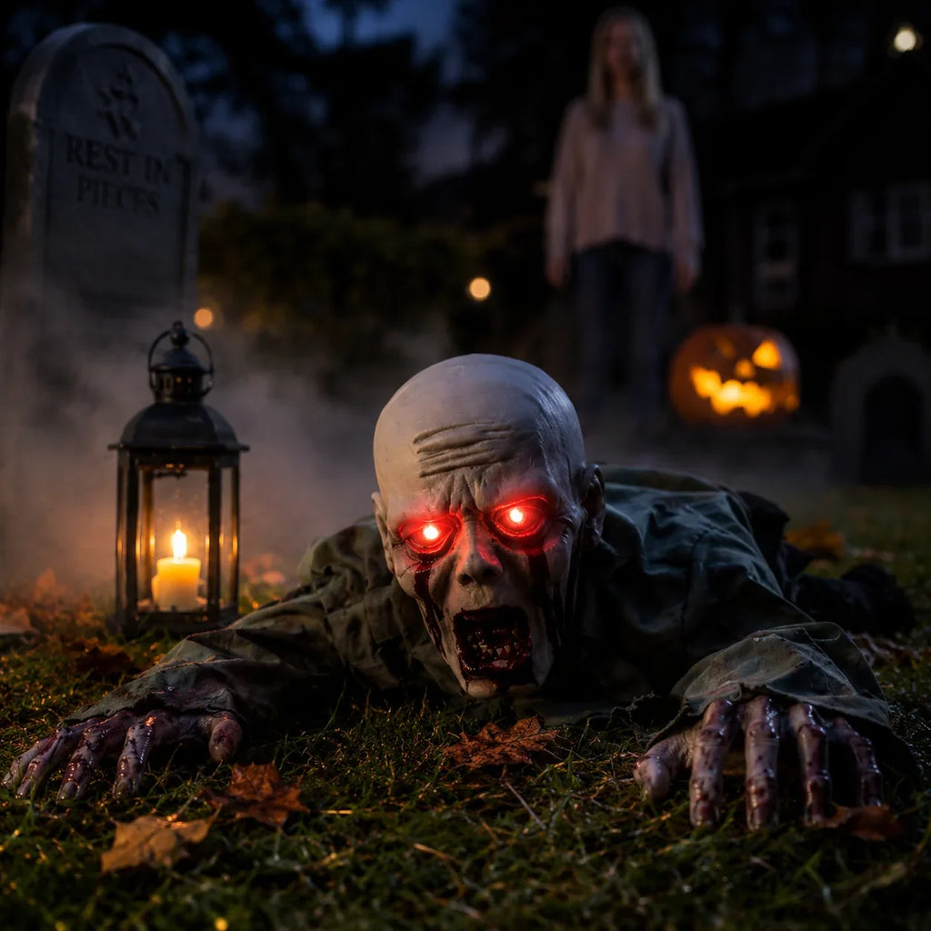 Crawling Zombie Decoration | Motion-Activated Glowing Eyes & Sound Effects | 115 cm Life-Size
