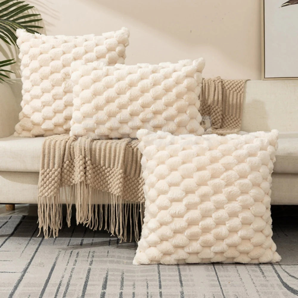 Cushion Cover | 3D Plush Grid Texture & Machine-Washable