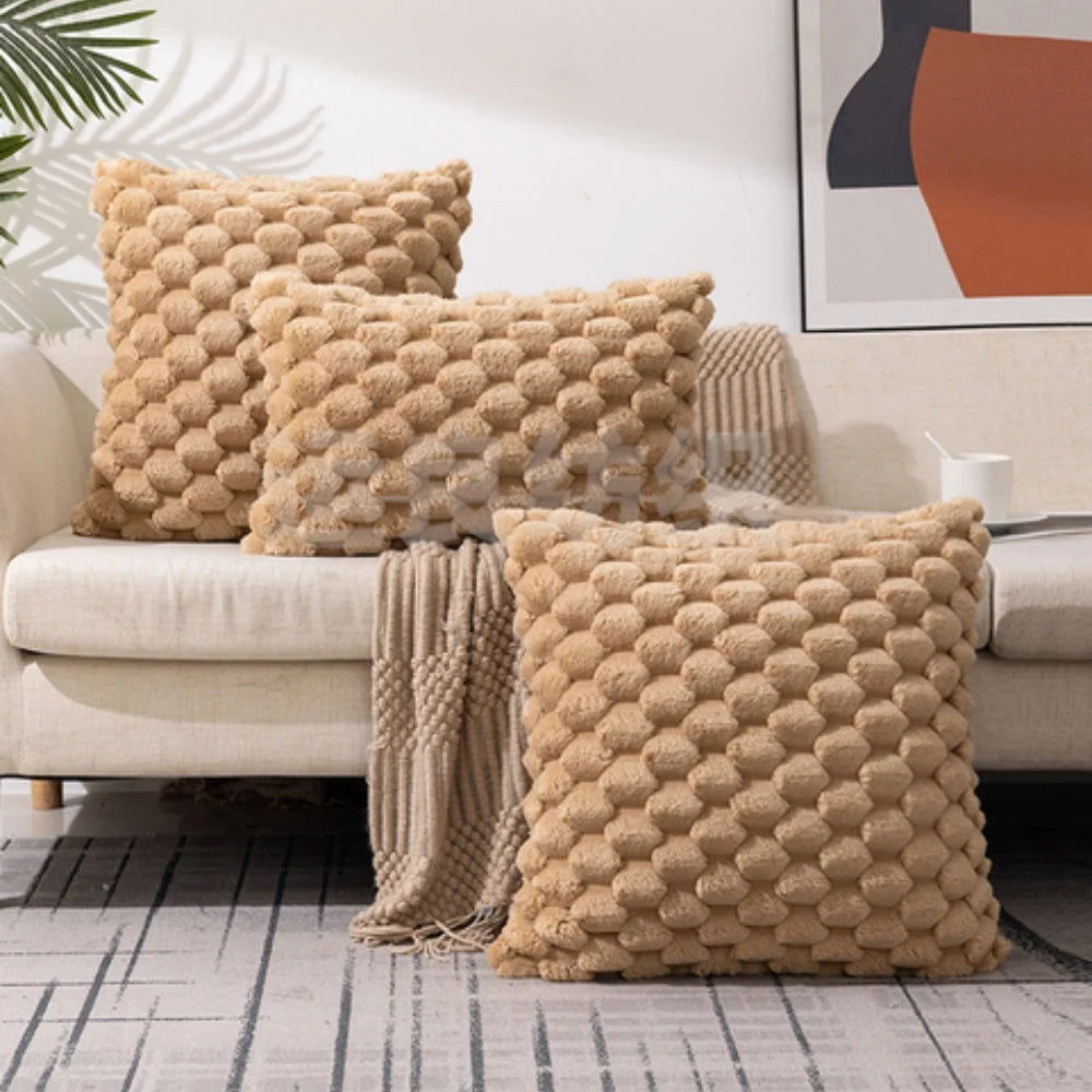 Cushion Cover | 3D Plush Grid Texture & Machine-Washable