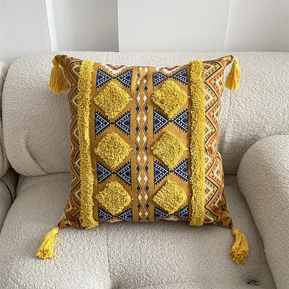 Decorative Throw Pillow | Moroccan-Inspired Felted Cotton-Linen & Tassels | 45 x 45 cm