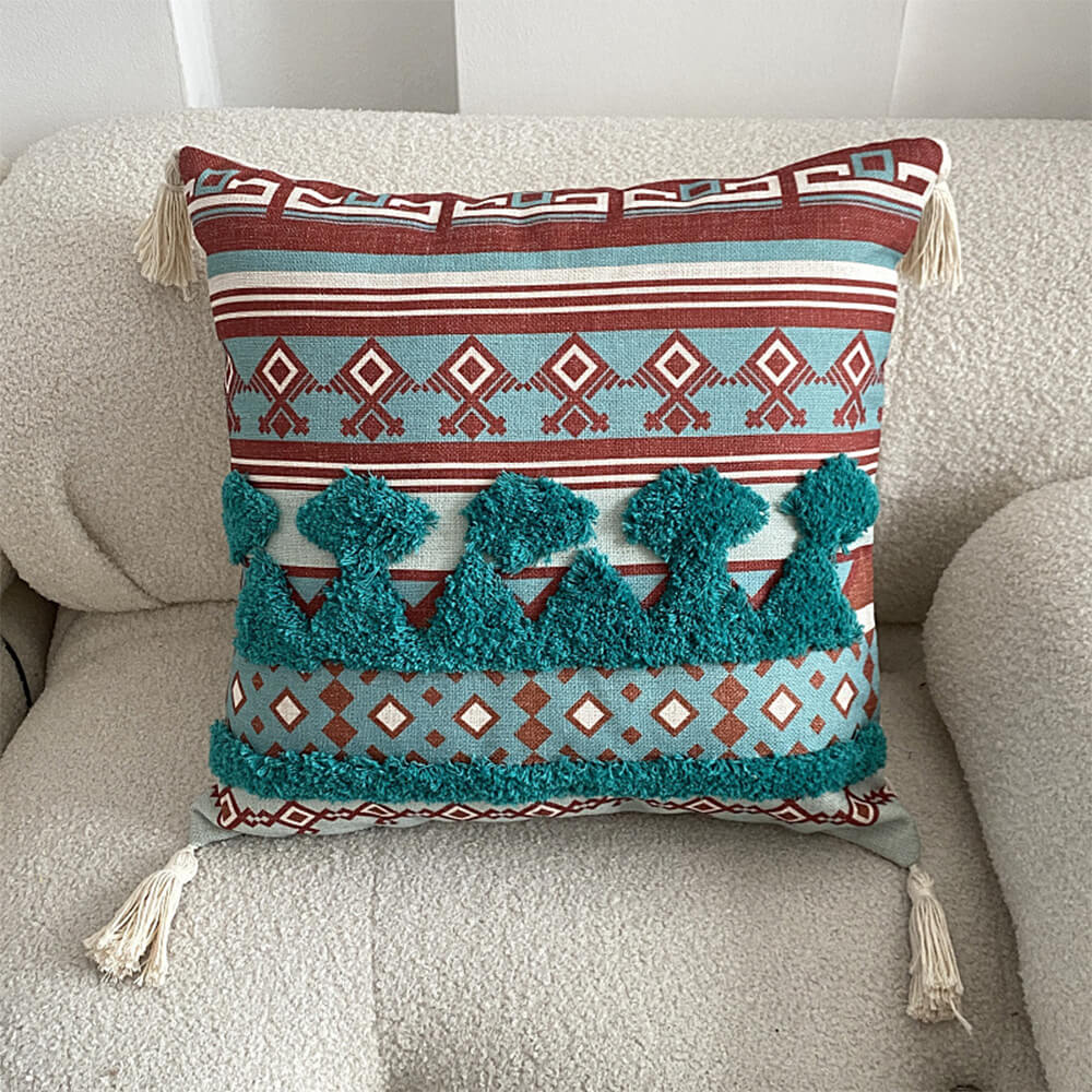 Decorative Throw Pillow | Moroccan-Inspired Felted Cotton-Linen & Tassels | 45 x 45 cm
