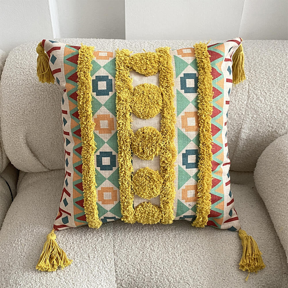 Decorative Throw Pillow | Moroccan-Inspired Felted Cotton-Linen & Tassels | 45 x 45 cm