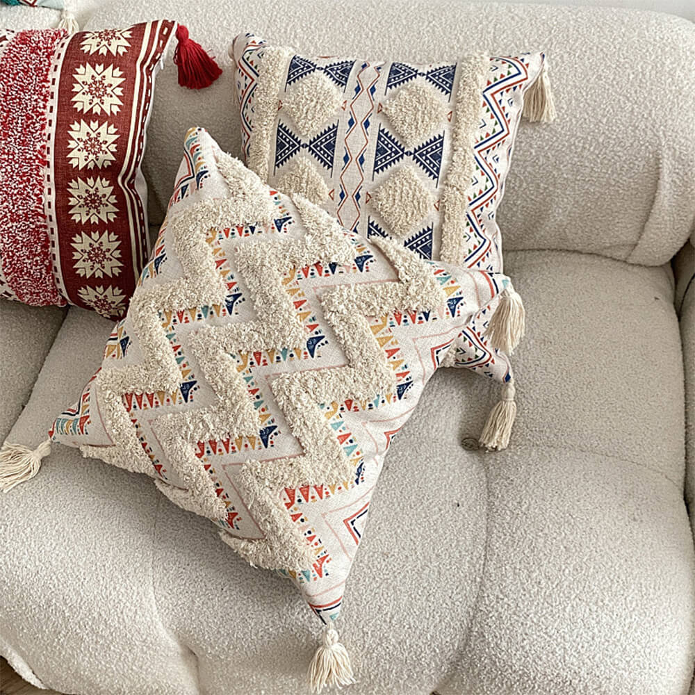 Decorative Throw Pillow | Moroccan-Inspired Felted Cotton-Linen & Tassels | 45 x 45 cm