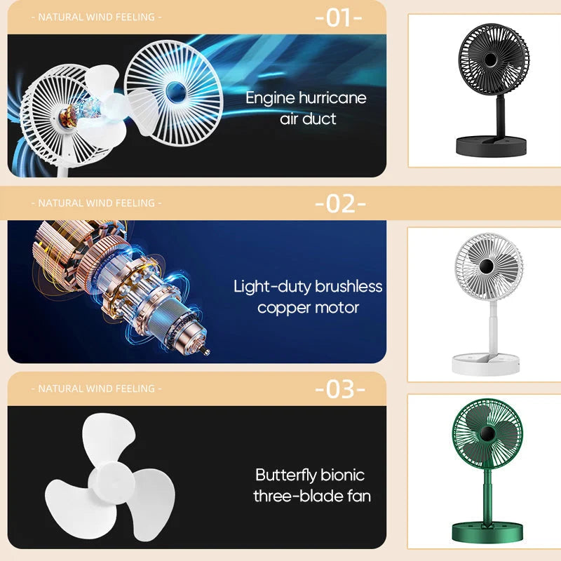 Desk Fan | Foldable Telescopic & USB Rechargeable | Built-In Phone Holder