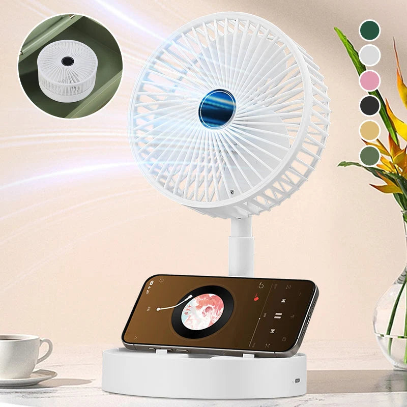Desk Fan | Foldable Telescopic & USB Rechargeable | Built-In Phone Holder